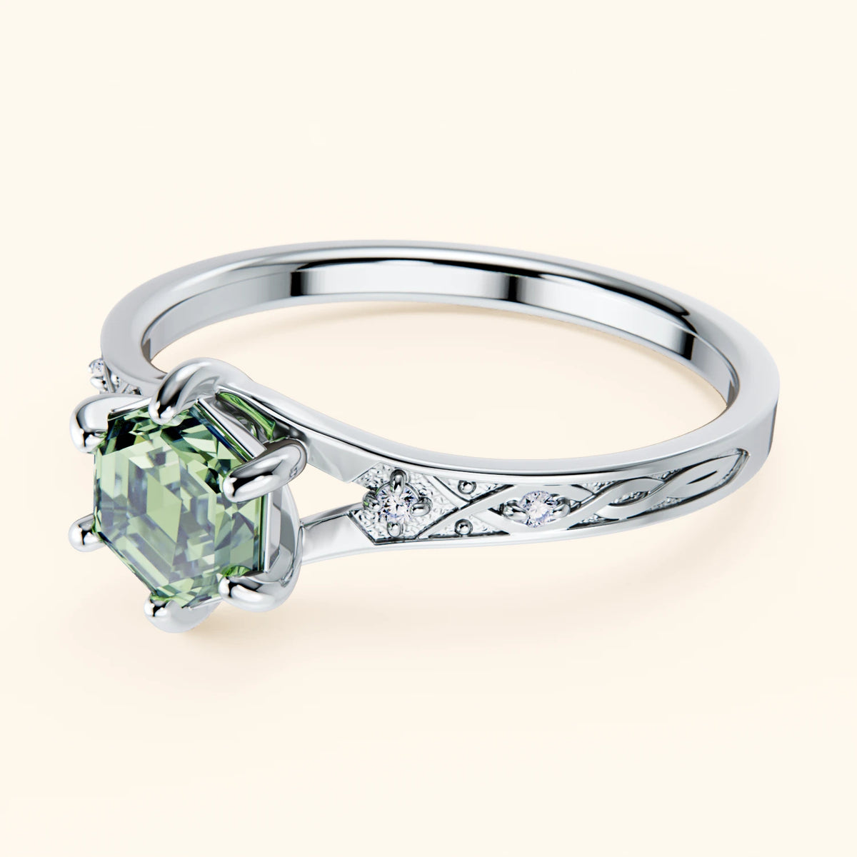 Engagement Ring Prisme - 0.9ct Lab Green Diamond with Natural Diamond Side Stones