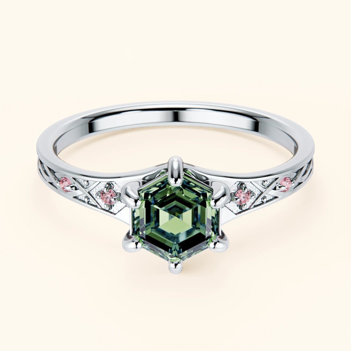 Engagement Ring Prisme - 0.9ct Lab Green Diamond with Lab Pink Diamond Side Stones
