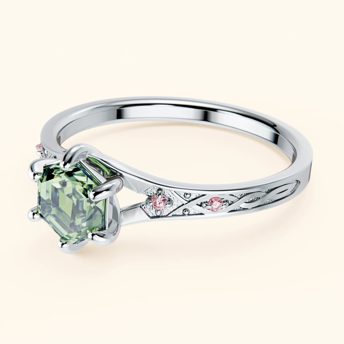 Engagement Ring Prisme - 0.9ct Lab Green Diamond with Lab Pink Diamond Side Stones