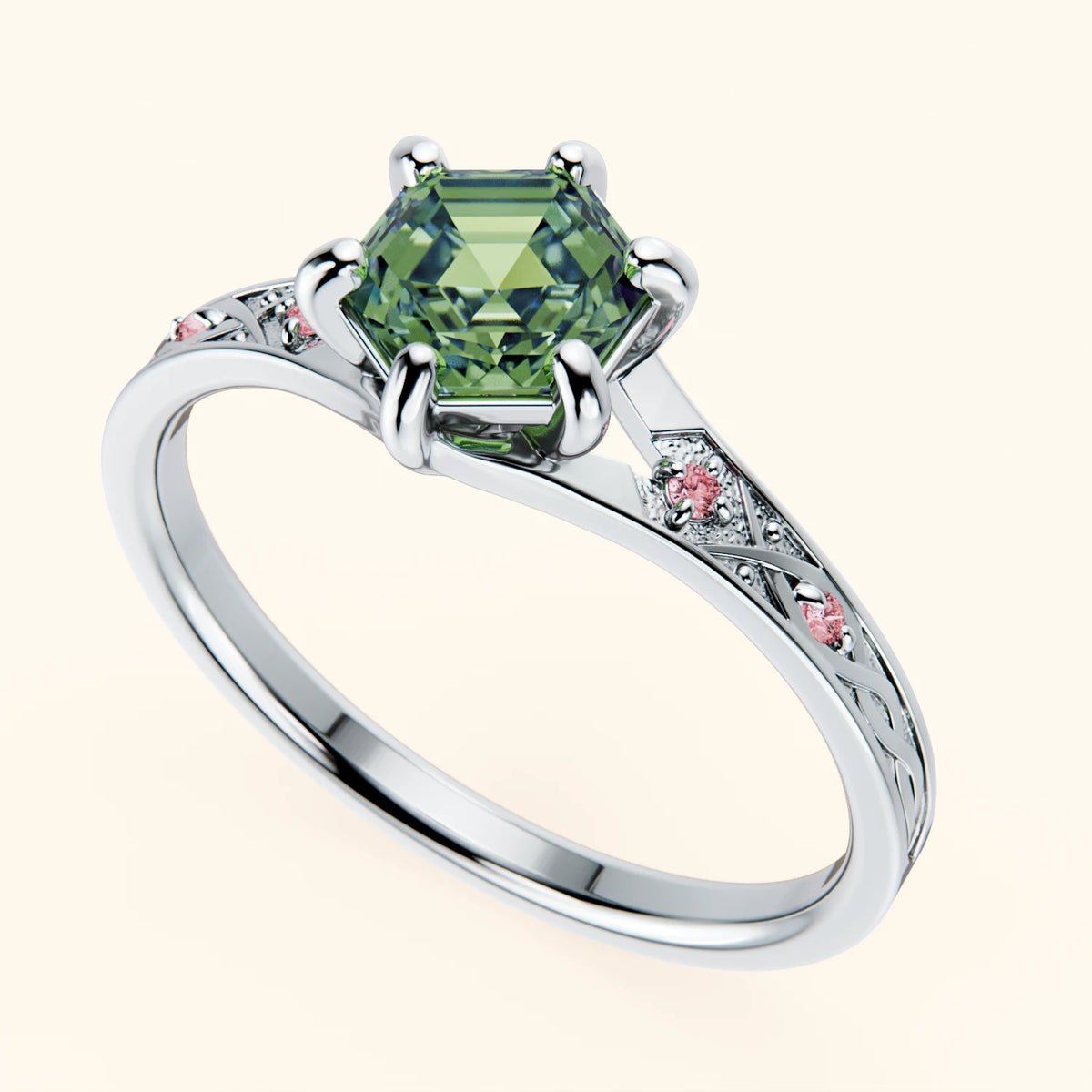 Engagement Ring Prisme - 0.9ct Lab Green Diamond with Lab Pink Diamond Side Stones
