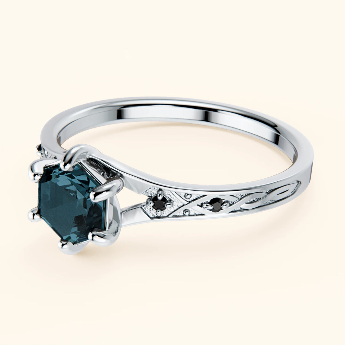 Engagement Ring Prisme - 0.70ct London Blue Topaz with Black Diamond Side Stones