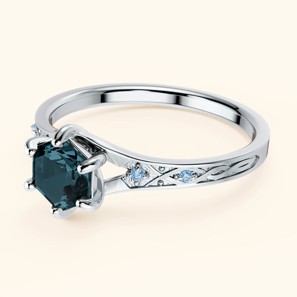 Engagement Ring Prisme - 0.70ct London Blue Topaz with Lab Blue Diamond Side Stones