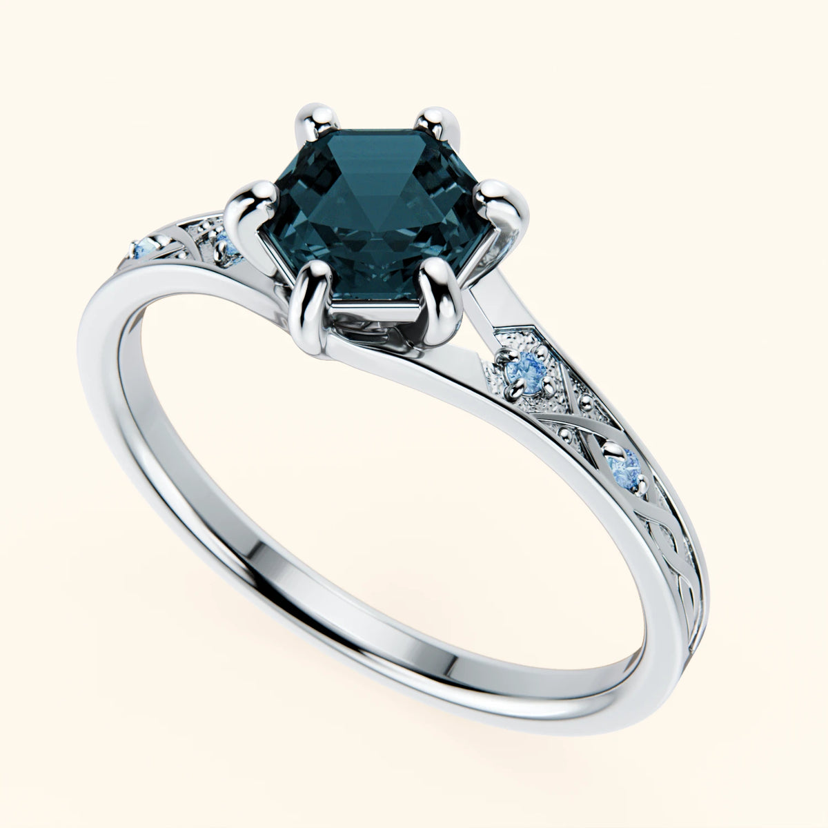 Engagement Ring Prisme - 0.70ct London Blue Topaz with Lab Blue Diamond Side Stones