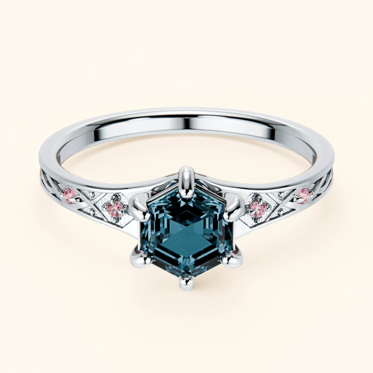 Engagement Ring Prisme - 0.70ct London Blue Topaz with Lab Pink Diamond Side Stones
