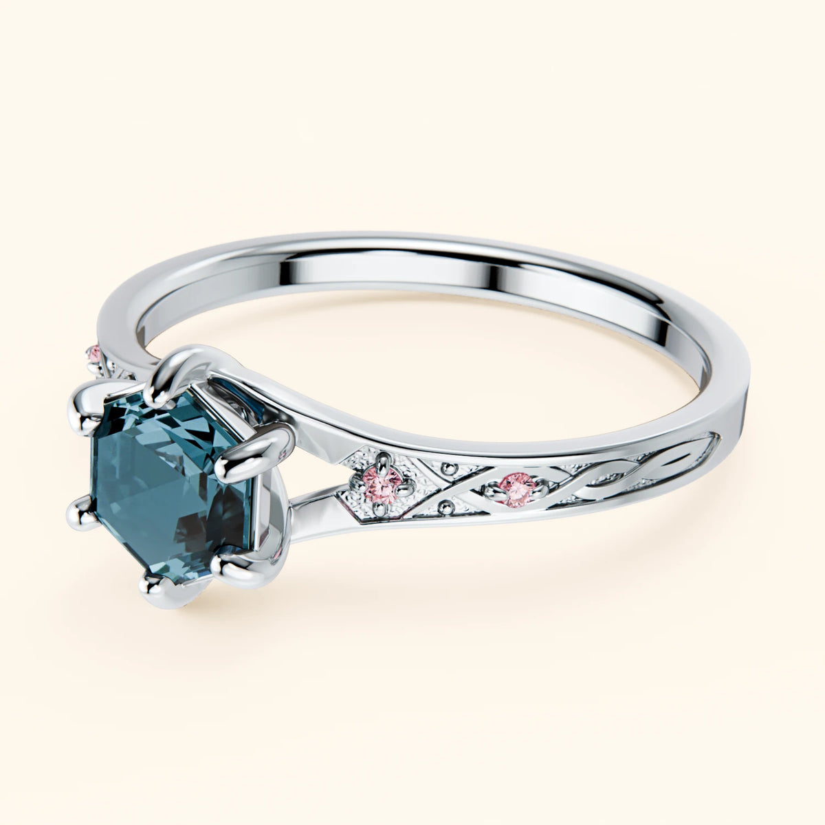 Engagement Ring Prisme - 0.70ct London Blue Topaz with Lab Pink Diamond Side Stones