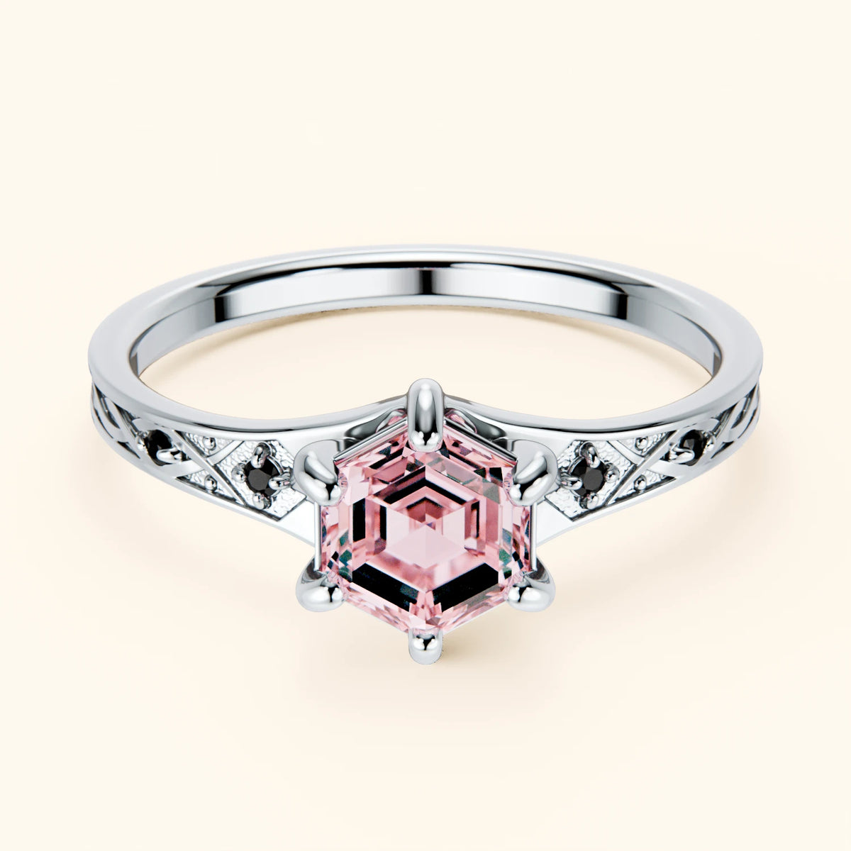 Engagement Ring Prisme - 0.9ct Lab Pink Diamond with Black Diamond Side Stones