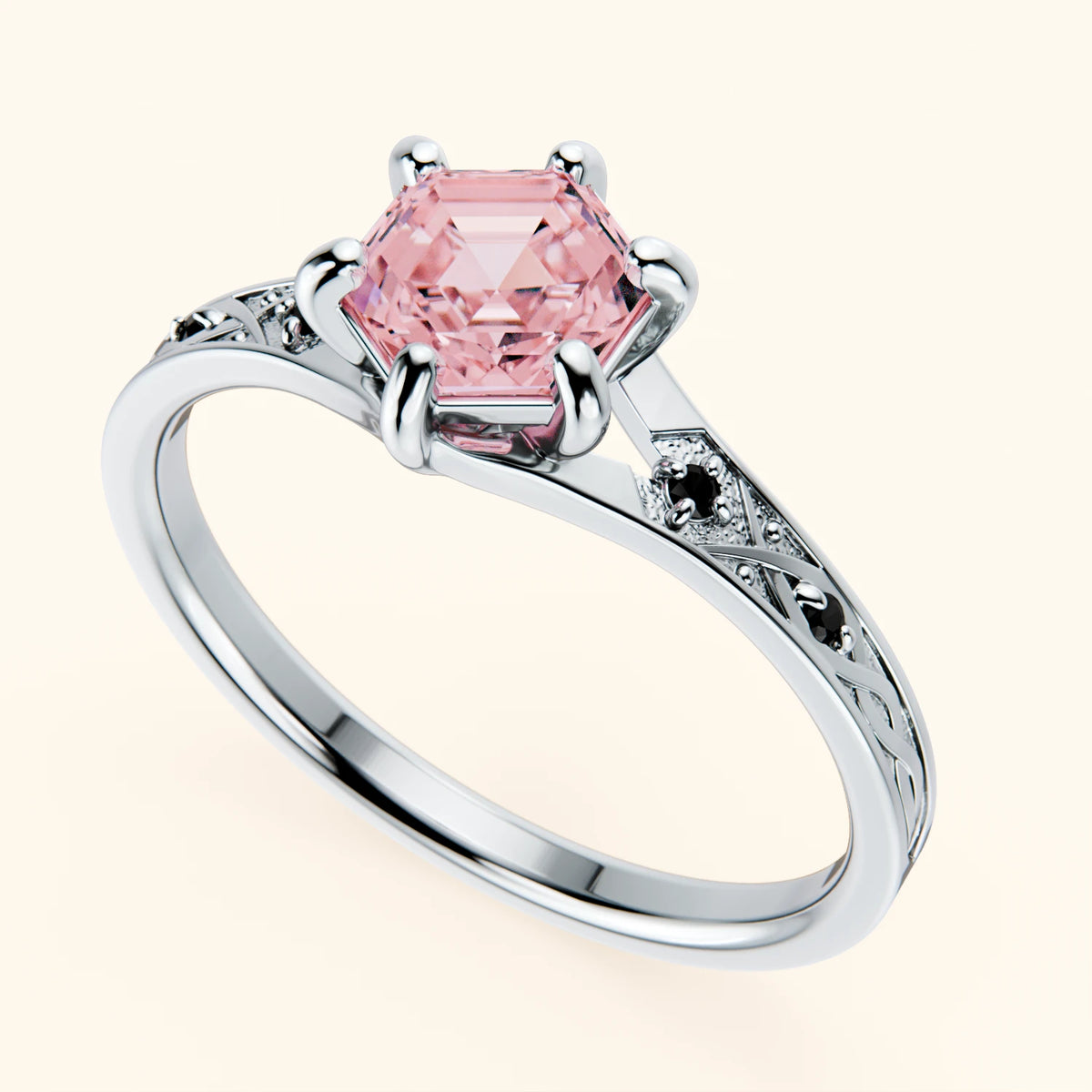 Engagement Ring Prisme - 0.9ct Lab Pink Diamond with Black Diamond Side Stones