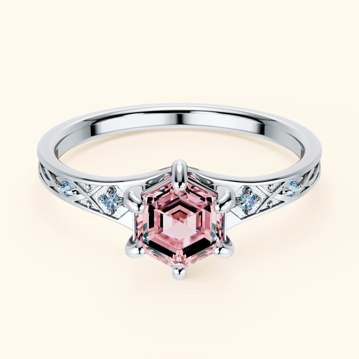 Engagement Ring Prisme - 0.9ct Lab Pink Diamond with Lab Blue Diamond Side Stones