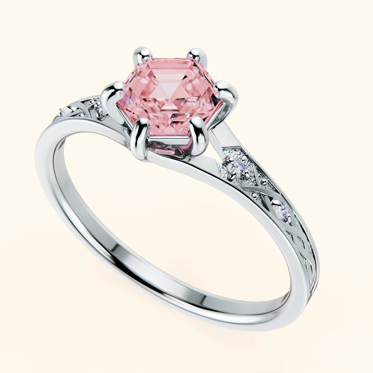Engagement Ring Prisme - 0.9ct Lab Pink Diamond with Natural Diamond Side Stones