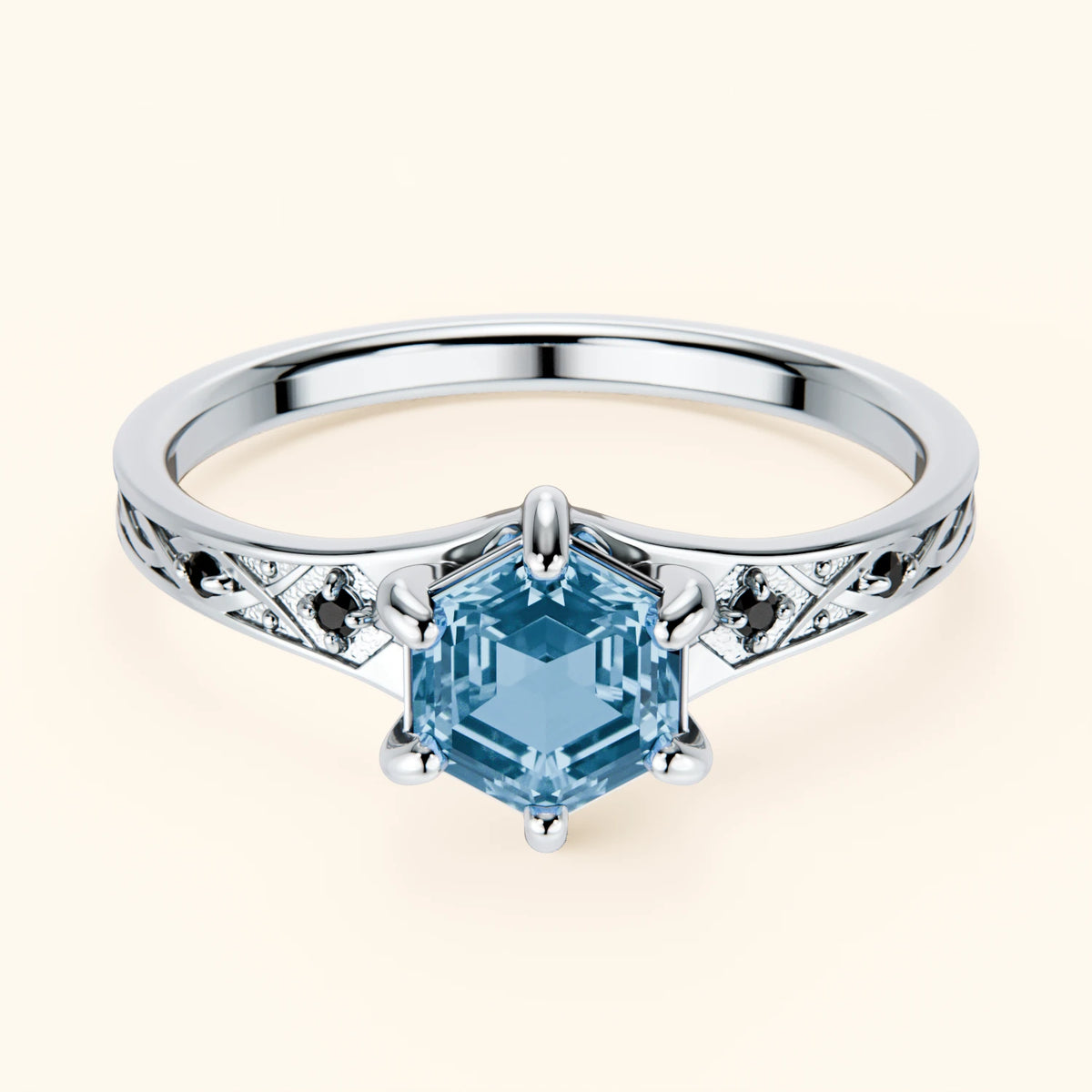 Engagement Ring Prisme - 0.70ct Swiss Blue Topaz with Black Diamond Side Stones