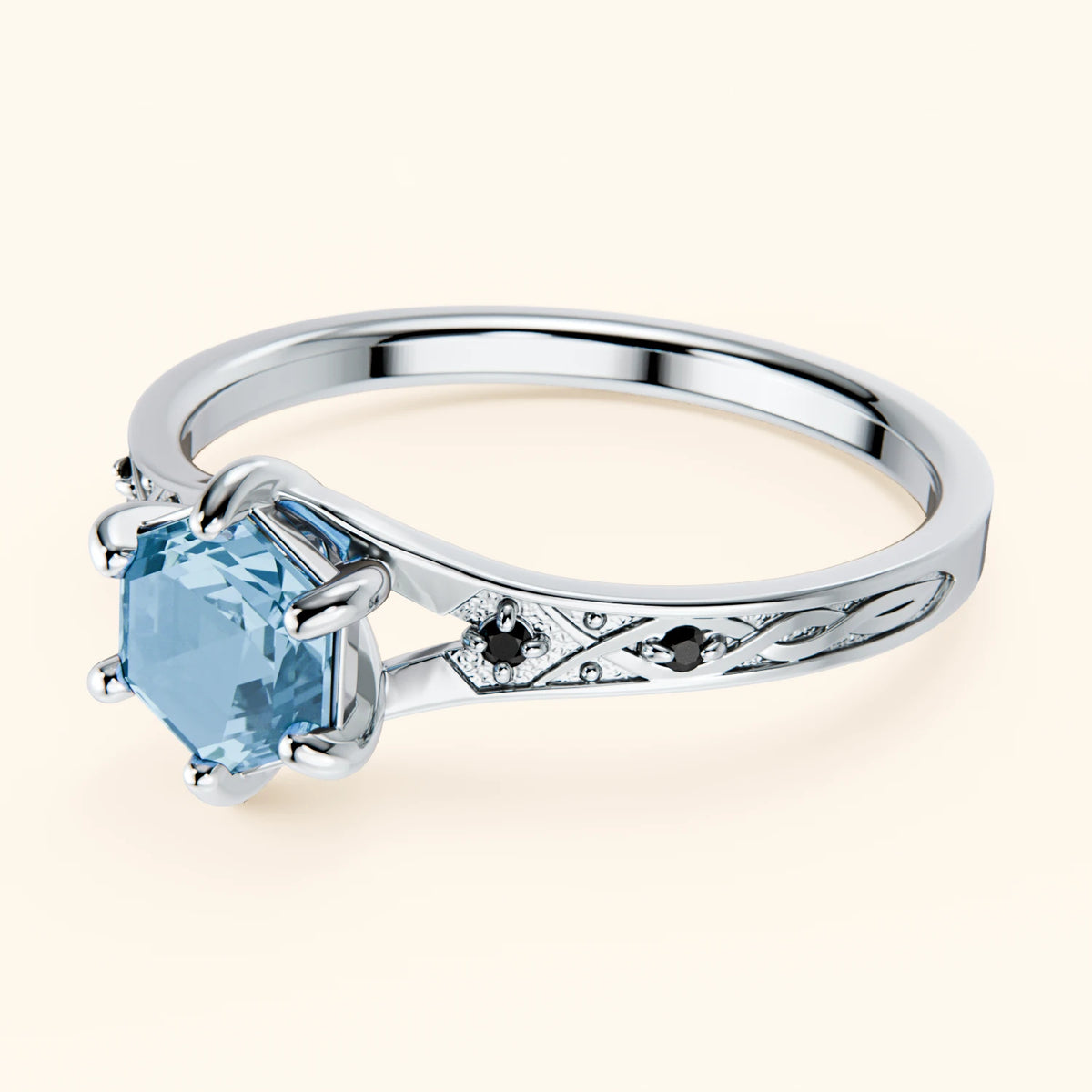 Engagement Ring Prisme - 0.70ct Swiss Blue Topaz with Black Diamond Side Stones