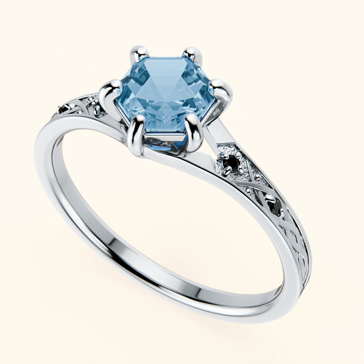 Engagement Ring Prisme - 0.70ct Swiss Blue Topaz with Black Diamond Side Stones