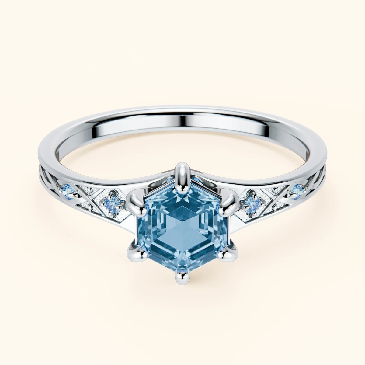 Engagement Ring Prisme - 0.70ct Swiss Blue Topaz with Lab Blue Diamond Side Stones