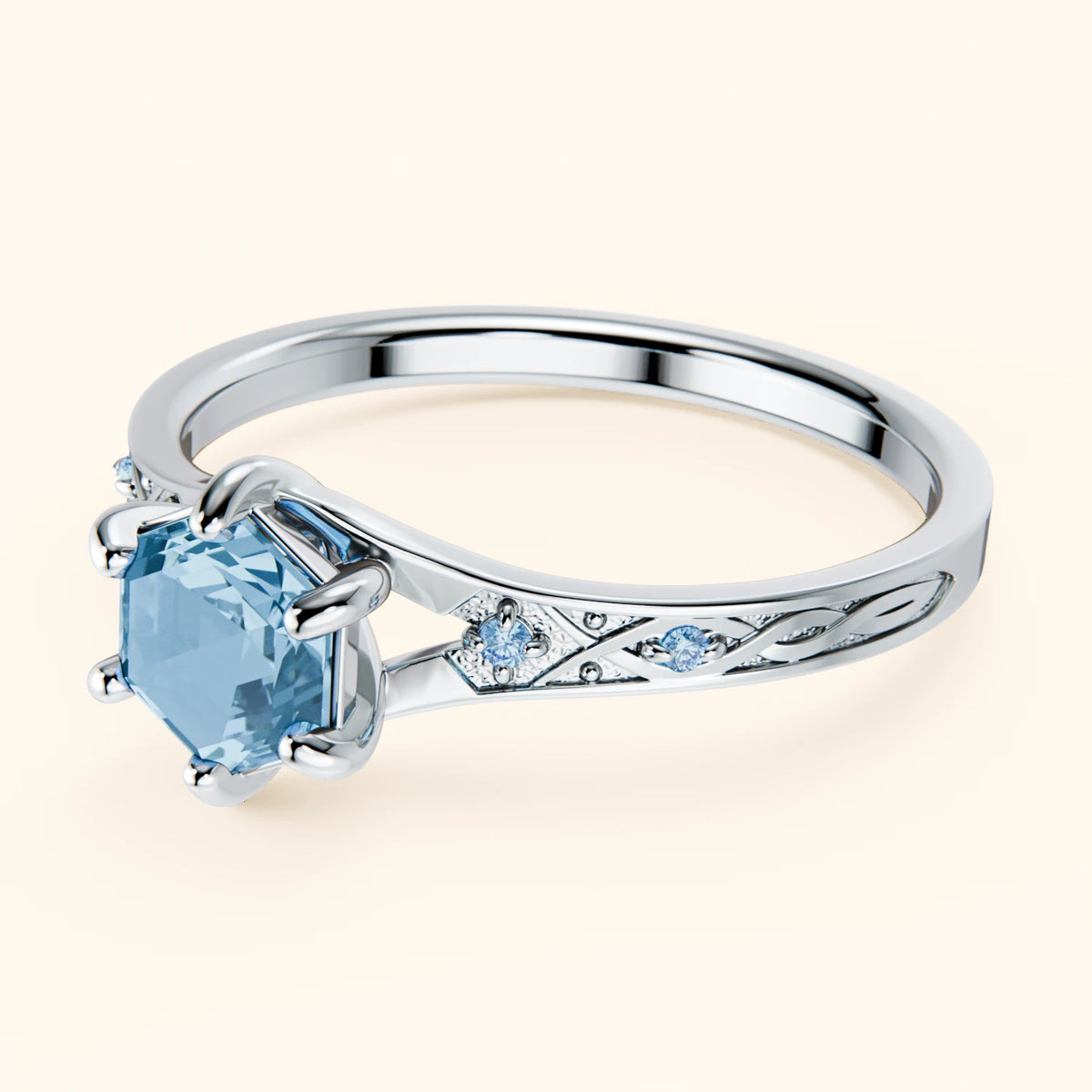 Engagement Ring Prisme - 0.70ct Swiss Blue Topaz with Lab Blue Diamond Side Stones