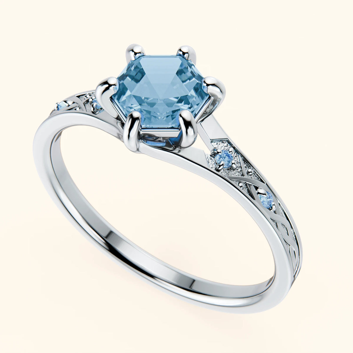 Engagement Ring Prisme - 0.70ct Swiss Blue Topaz with Lab Blue Diamond Side Stones