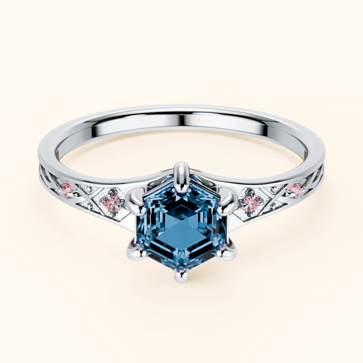 Engagement Ring Prisme - 0.70ct Swiss Blue Topaz with Lab Pink Diamond Side Stones