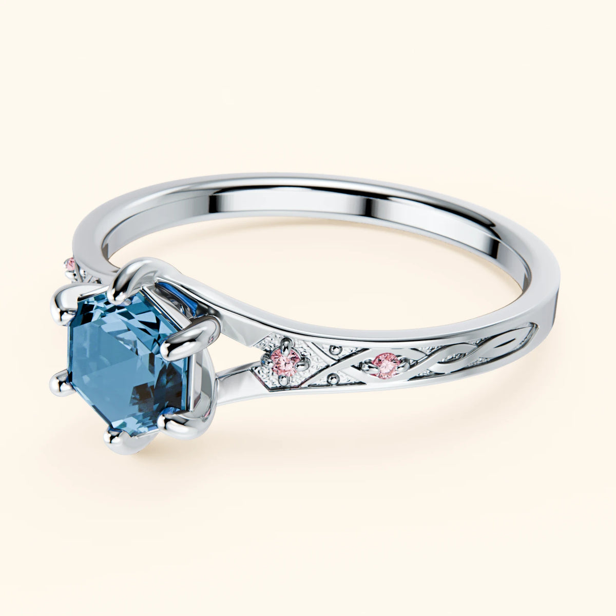 Engagement Ring Prisme - 0.70ct Swiss Blue Topaz with Lab Pink Diamond Side Stones