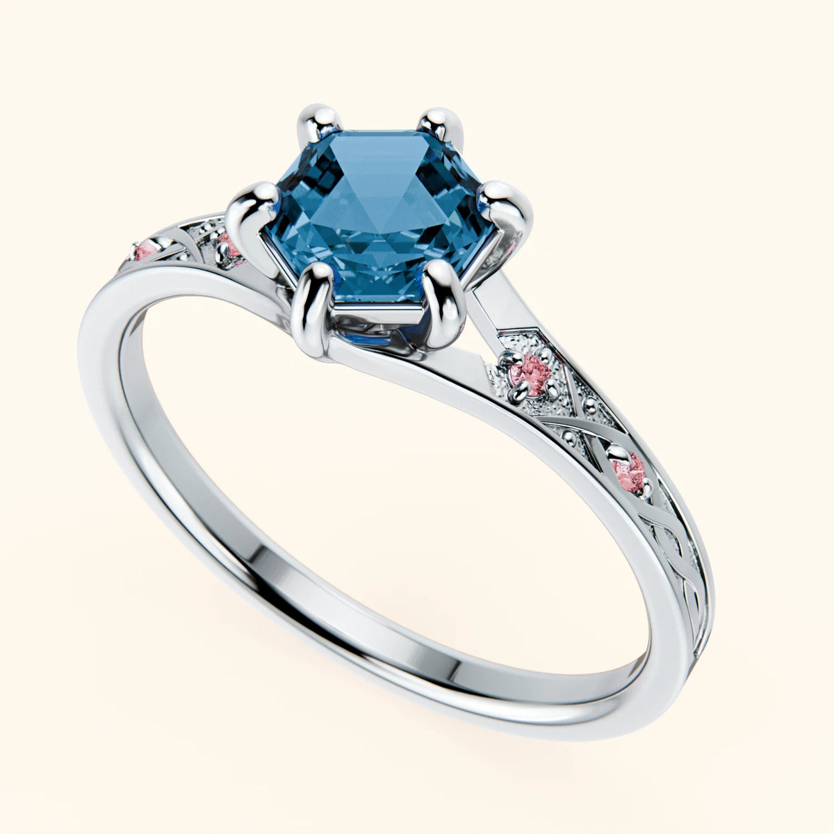 Engagement Ring Prisme - 0.70ct Swiss Blue Topaz with Lab Pink Diamond Side Stones