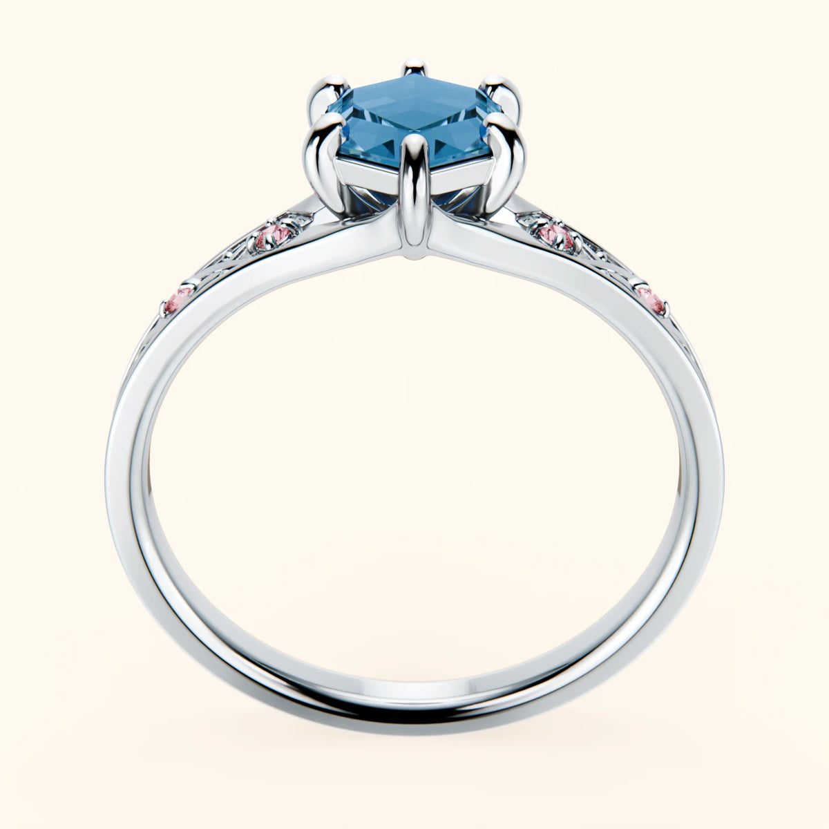 Engagement Ring Prisme - 0.70ct Swiss Blue Topaz with Lab Pink Diamond Side Stones