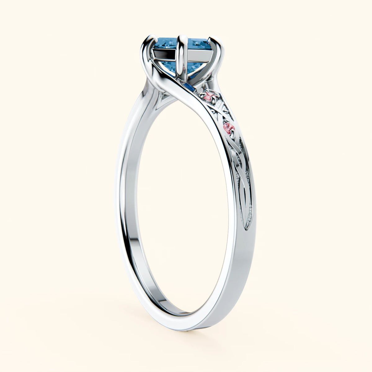 Engagement Ring Prisme - 0.70ct Swiss Blue Topaz with Lab Pink Diamond Side Stones