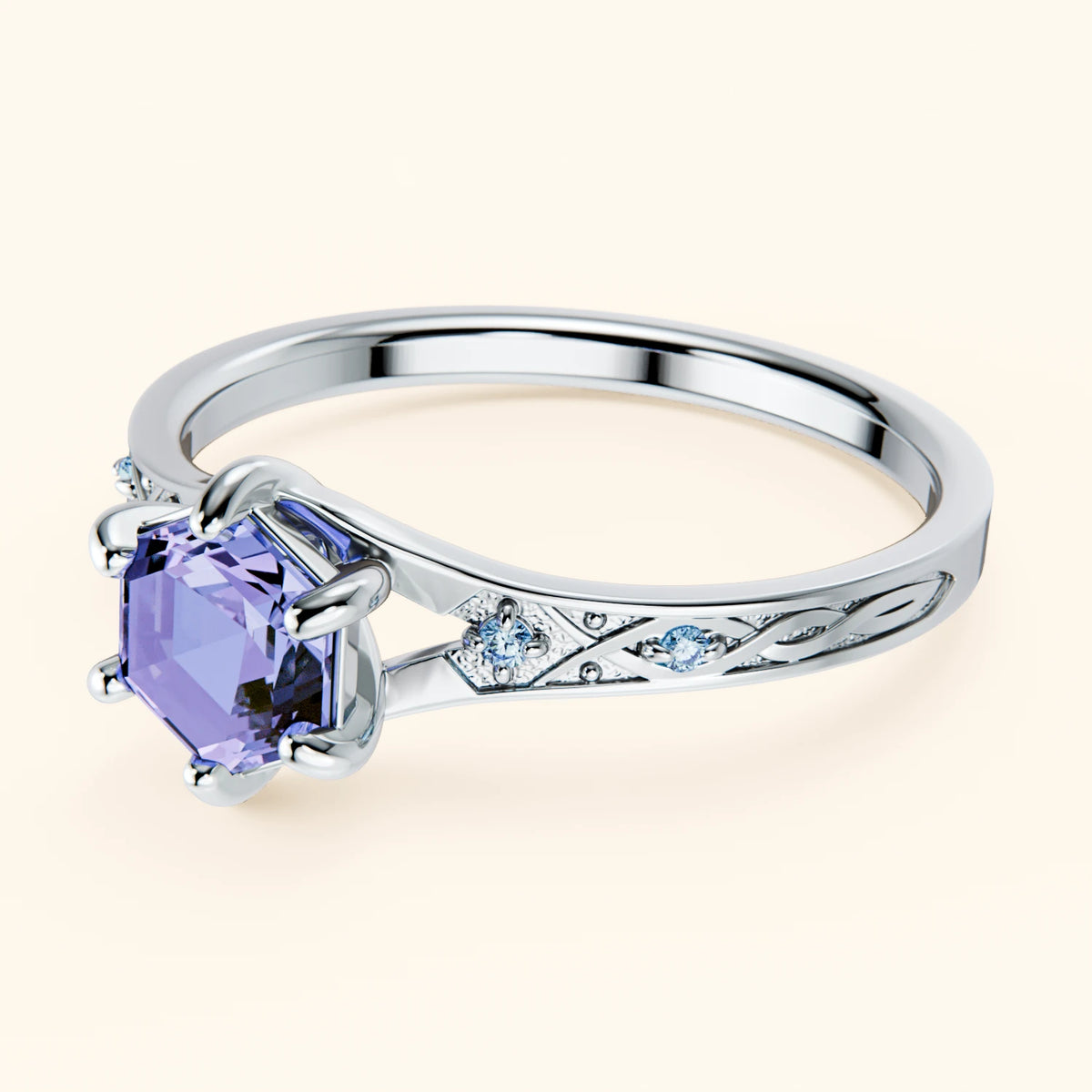 Engagement Ring Prisme - 0.65ct Tanzanite with Lab Blue Diamond Side Stones