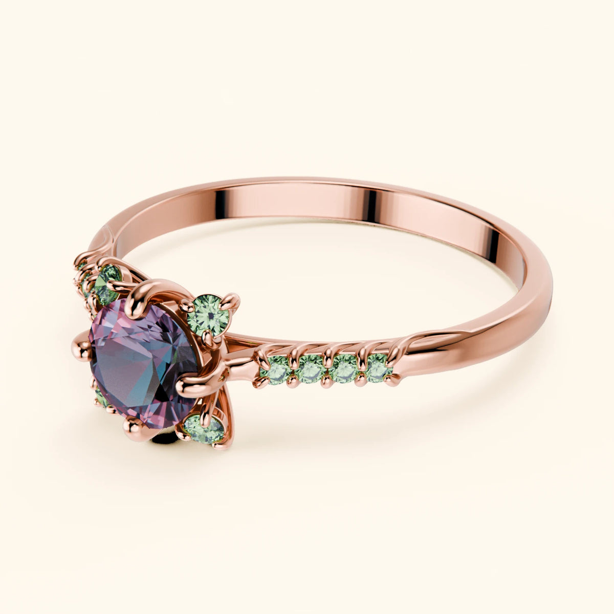 Engagement Ring Scintille - 0.55ct Lab Alexandrite with Lab Green Diamond Side Stones