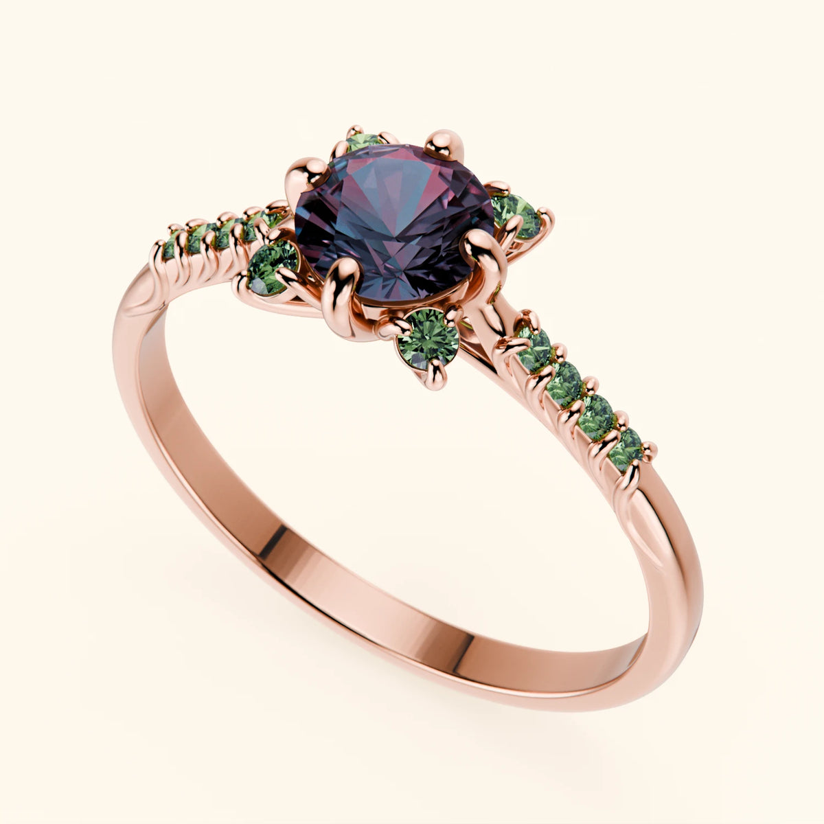 Engagement Ring Scintille - 0.55ct Lab Alexandrite with Lab Green Diamond Side Stones