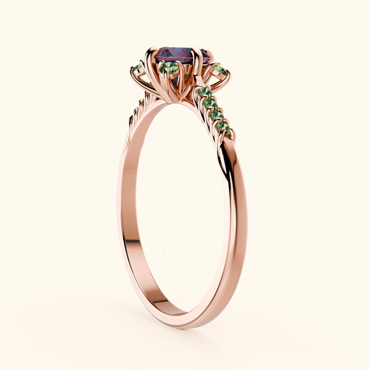 Engagement Ring Scintille - 0.55ct Lab Alexandrite with Lab Green Diamond Side Stones