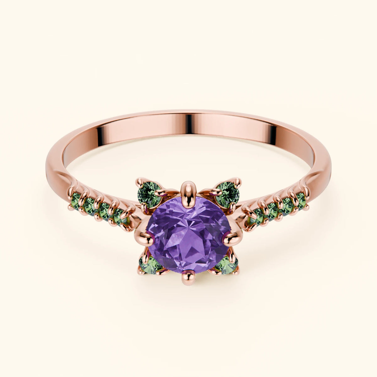 Engagement Ring Scintille - 0.38ct Amethyst with Lab Green Diamond Side Stones
