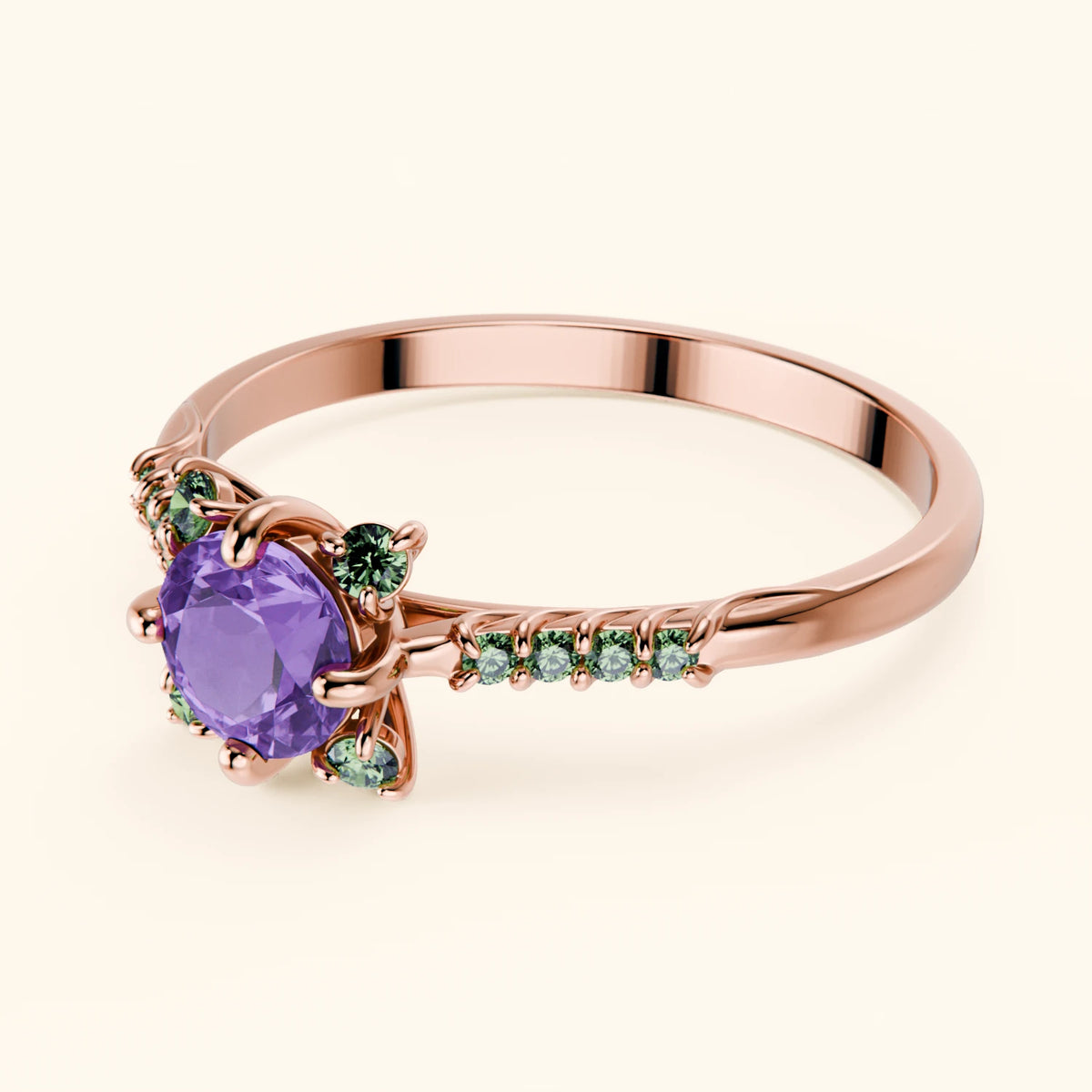 Engagement Ring Scintille - 0.38ct Amethyst with Lab Green Diamond Side Stones