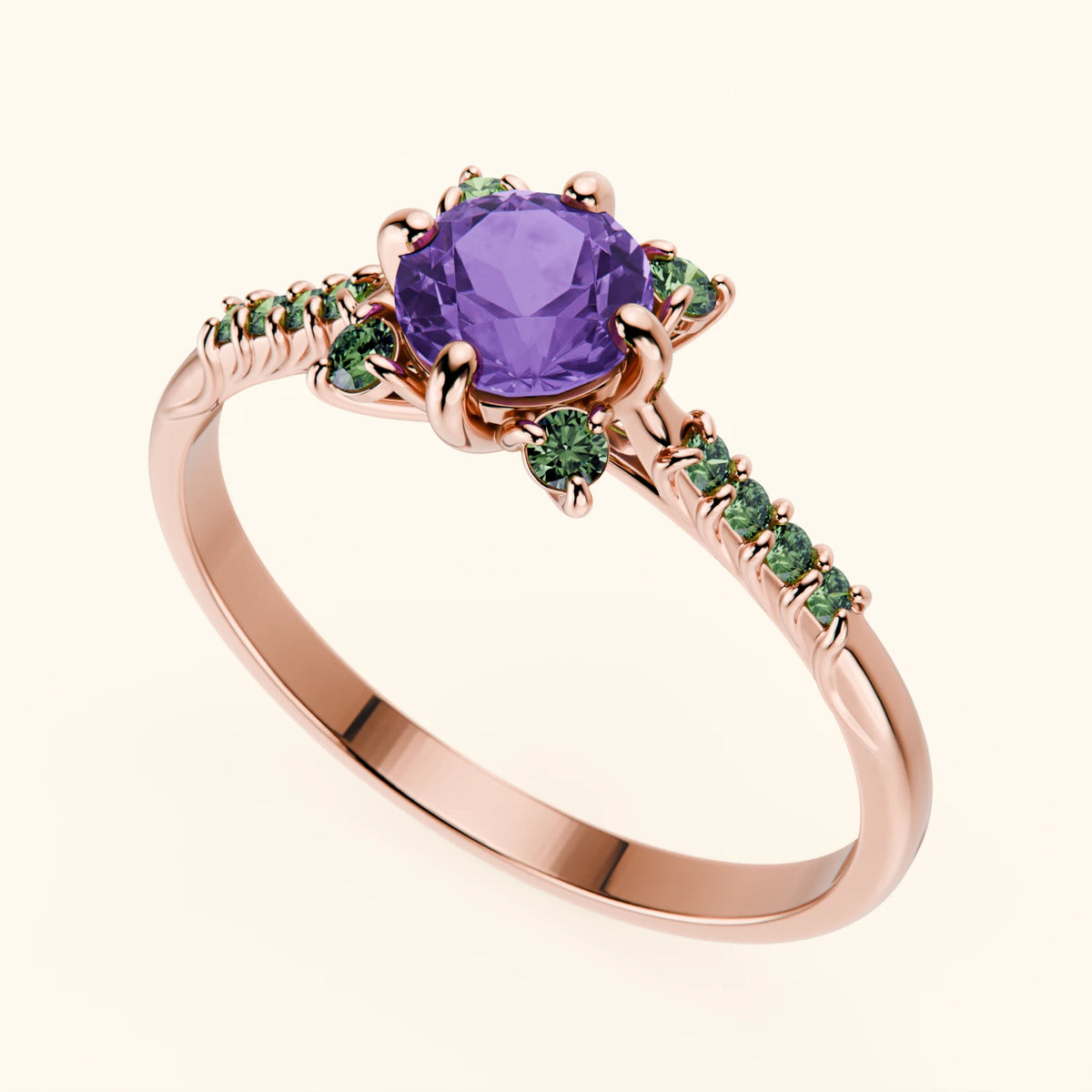Engagement Ring Scintille - 0.38ct Amethyst with Lab Green Diamond Side Stones