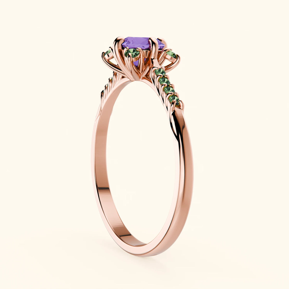 Engagement Ring Scintille - 0.38ct Amethyst with Lab Green Diamond Side Stones