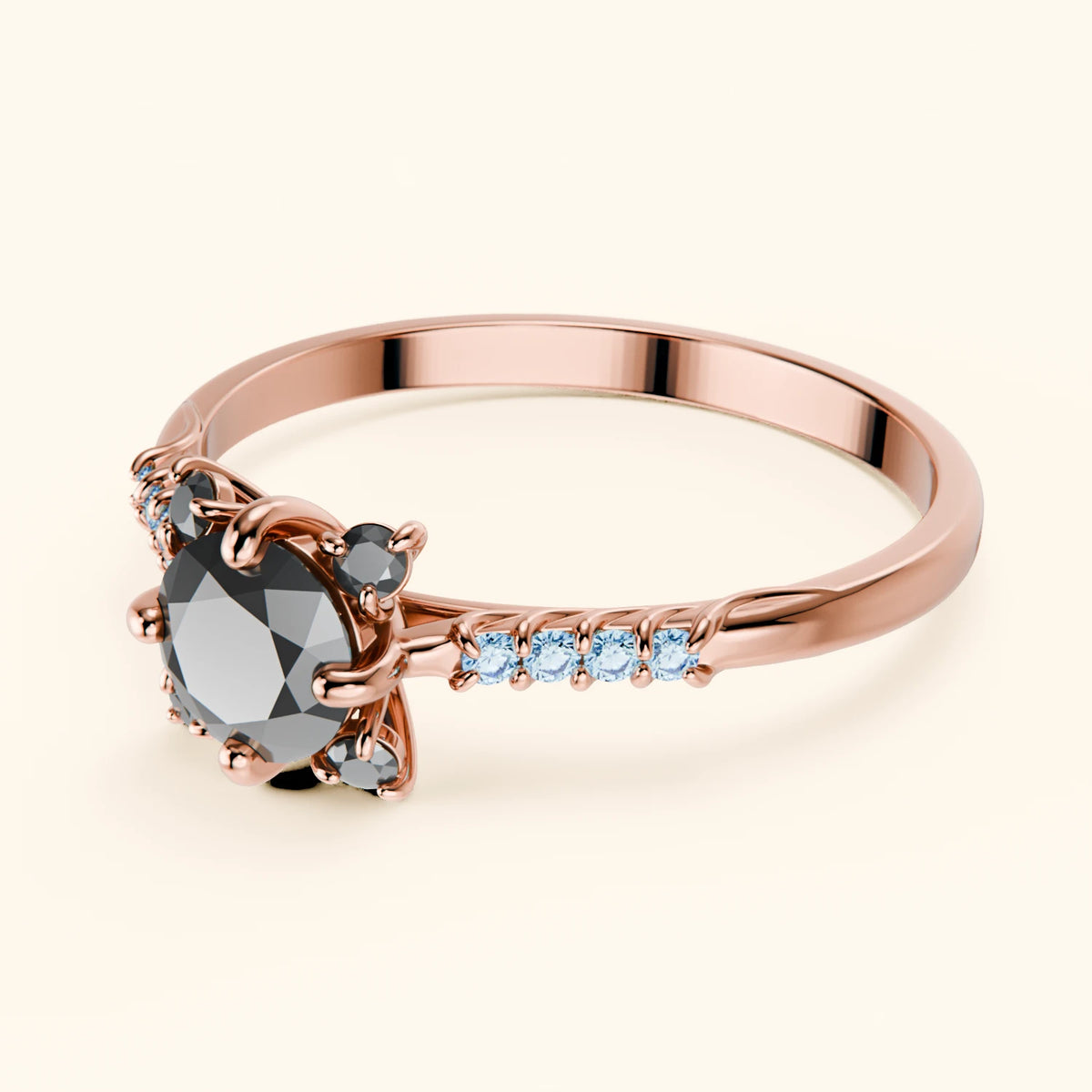 Engagement Ring Scintille - 0.5ct Black Diamond with Lab Blue Diamond Side Stones