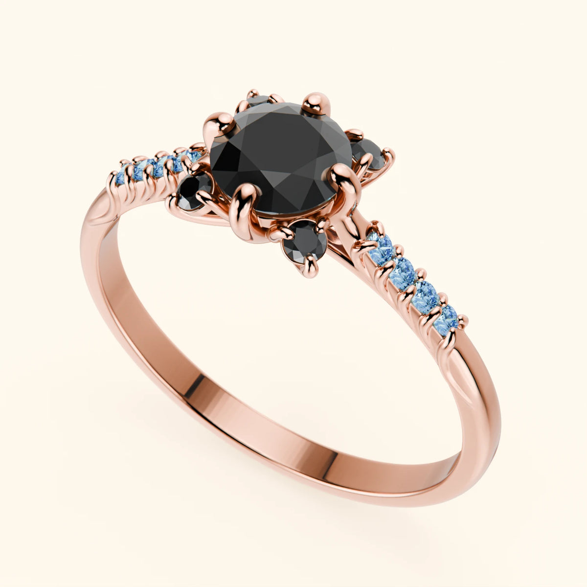 Engagement Ring Scintille - 0.5ct Black Diamond with Lab Blue Diamond Side Stones