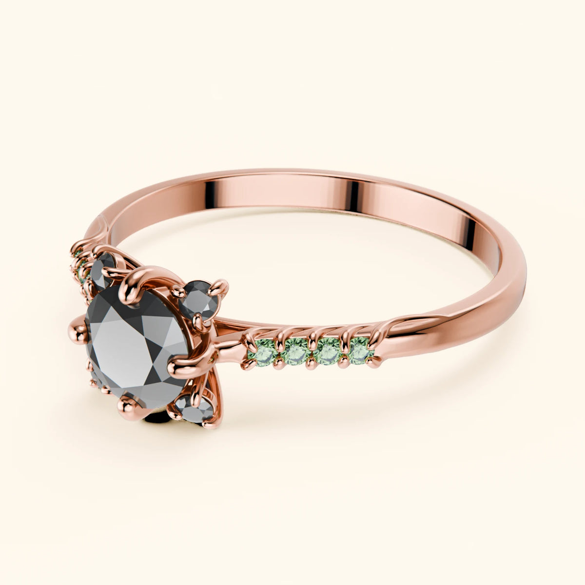 Engagement Ring Scintille - 0.5ct Black Diamond with Lab Green Diamond Side Stones