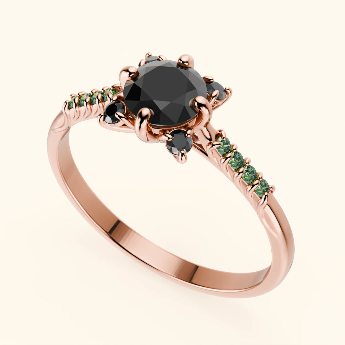 Engagement Ring Scintille - 0.5ct Black Diamond with Lab Green Diamond Side Stones