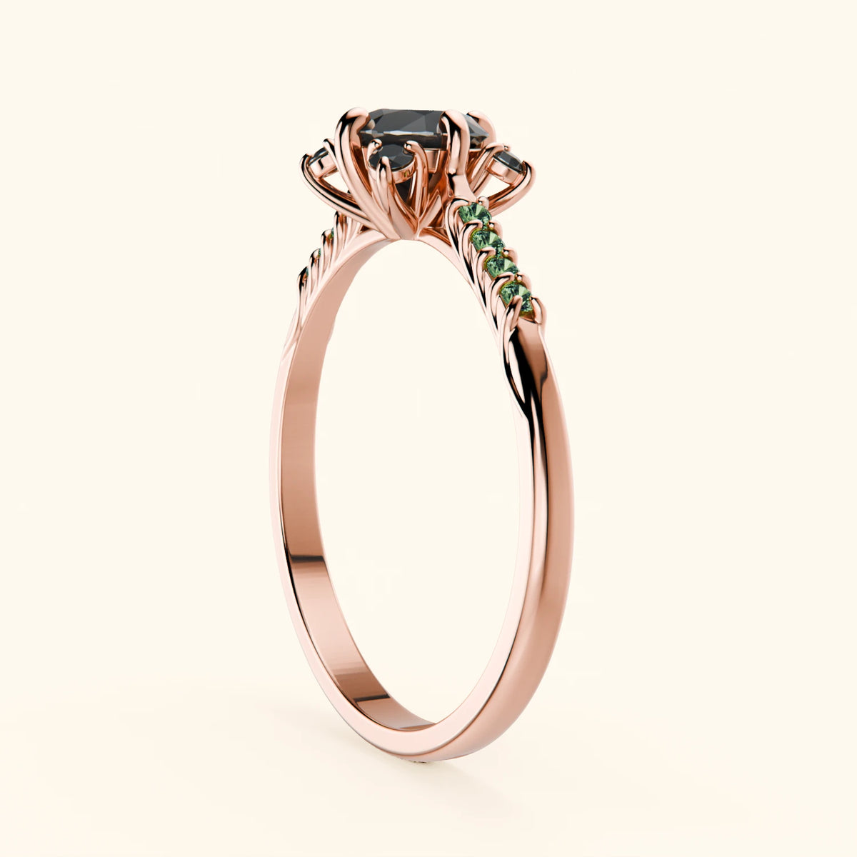 Engagement Ring Scintille - 0.5ct Black Diamond with Lab Green Diamond Side Stones