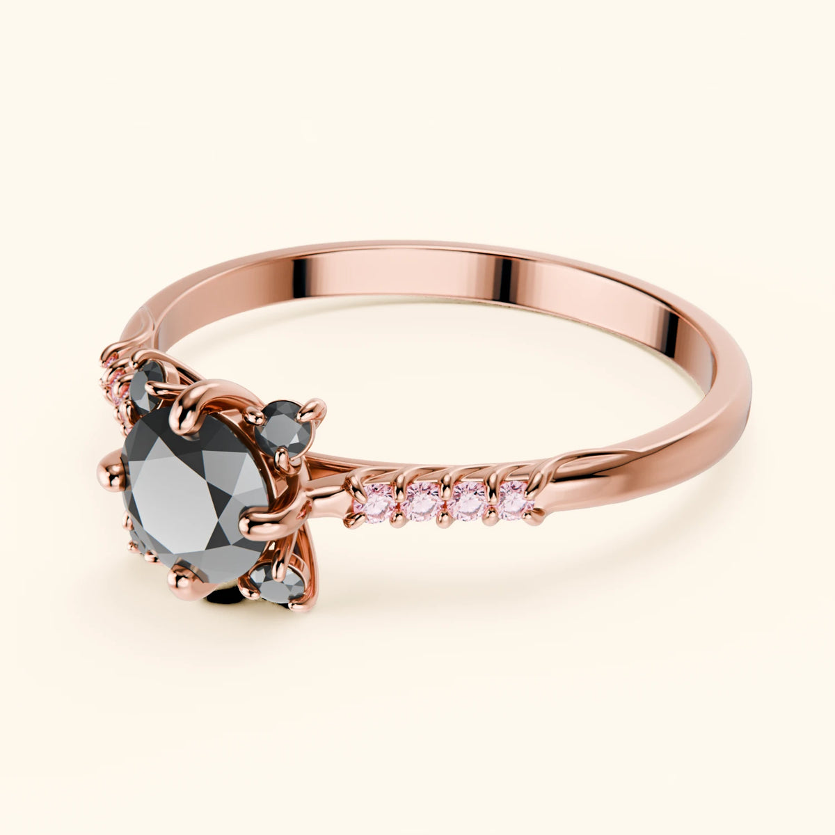 Engagement Ring Scintille - 0.5ct Black Diamond with Lab Pink Diamond Side Stones