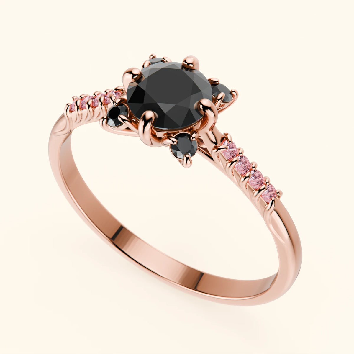 Engagement Ring Scintille - 0.5ct Black Diamond with Lab Pink Diamond Side Stones