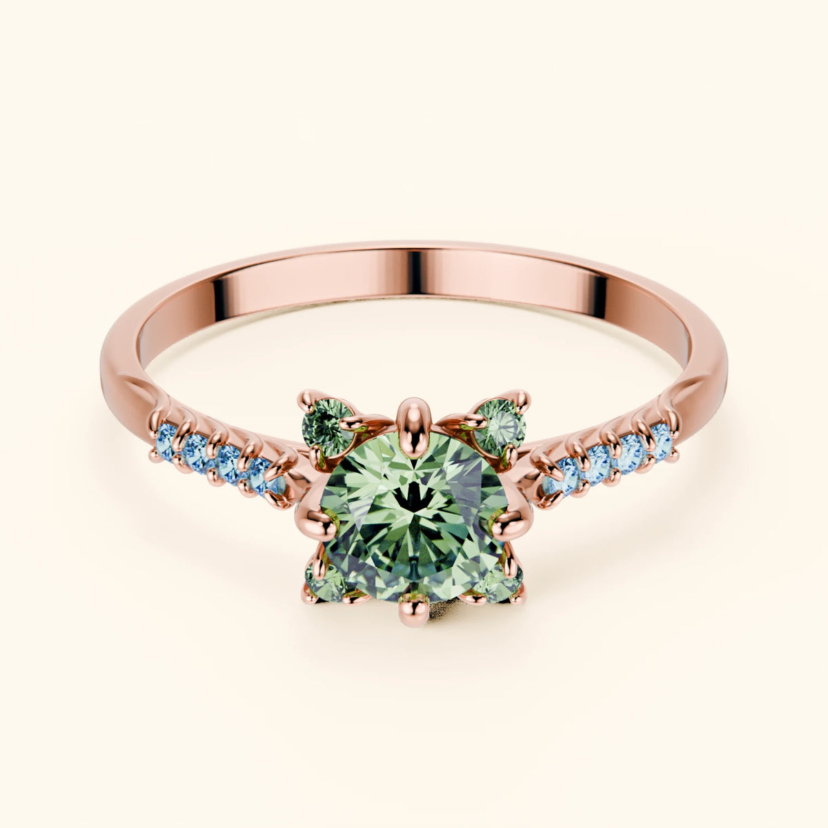 Engagement Ring Scintille - 0.5ct Lab Green Diamond with Lab Blue Diamond Side Stones