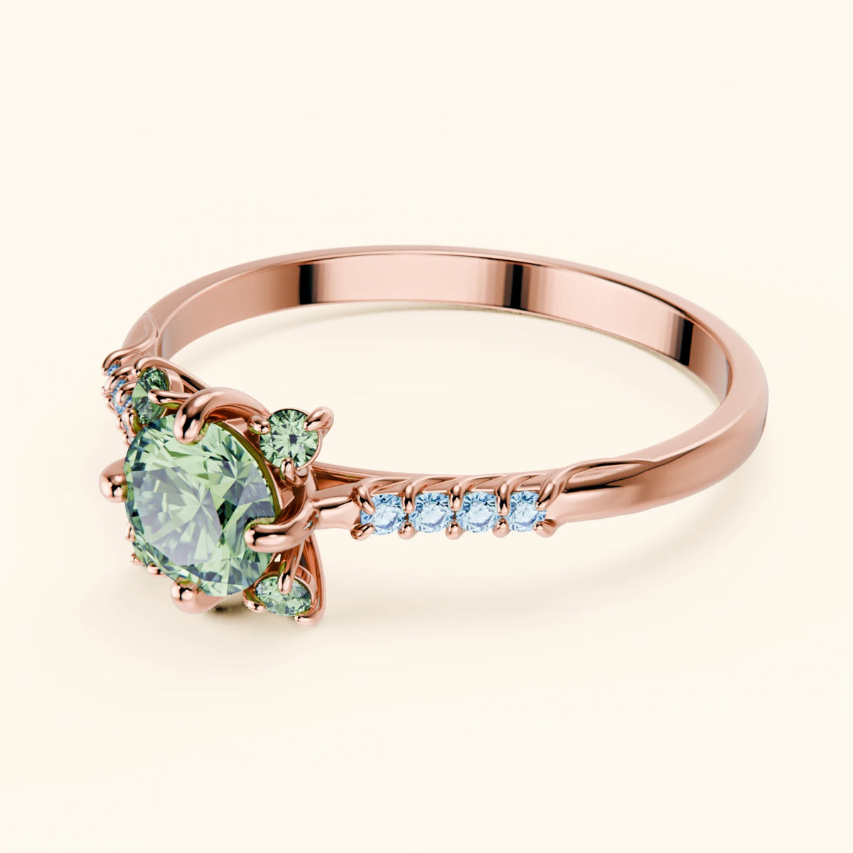 Engagement Ring Scintille - 0.5ct Lab Green Diamond with Lab Blue Diamond Side Stones