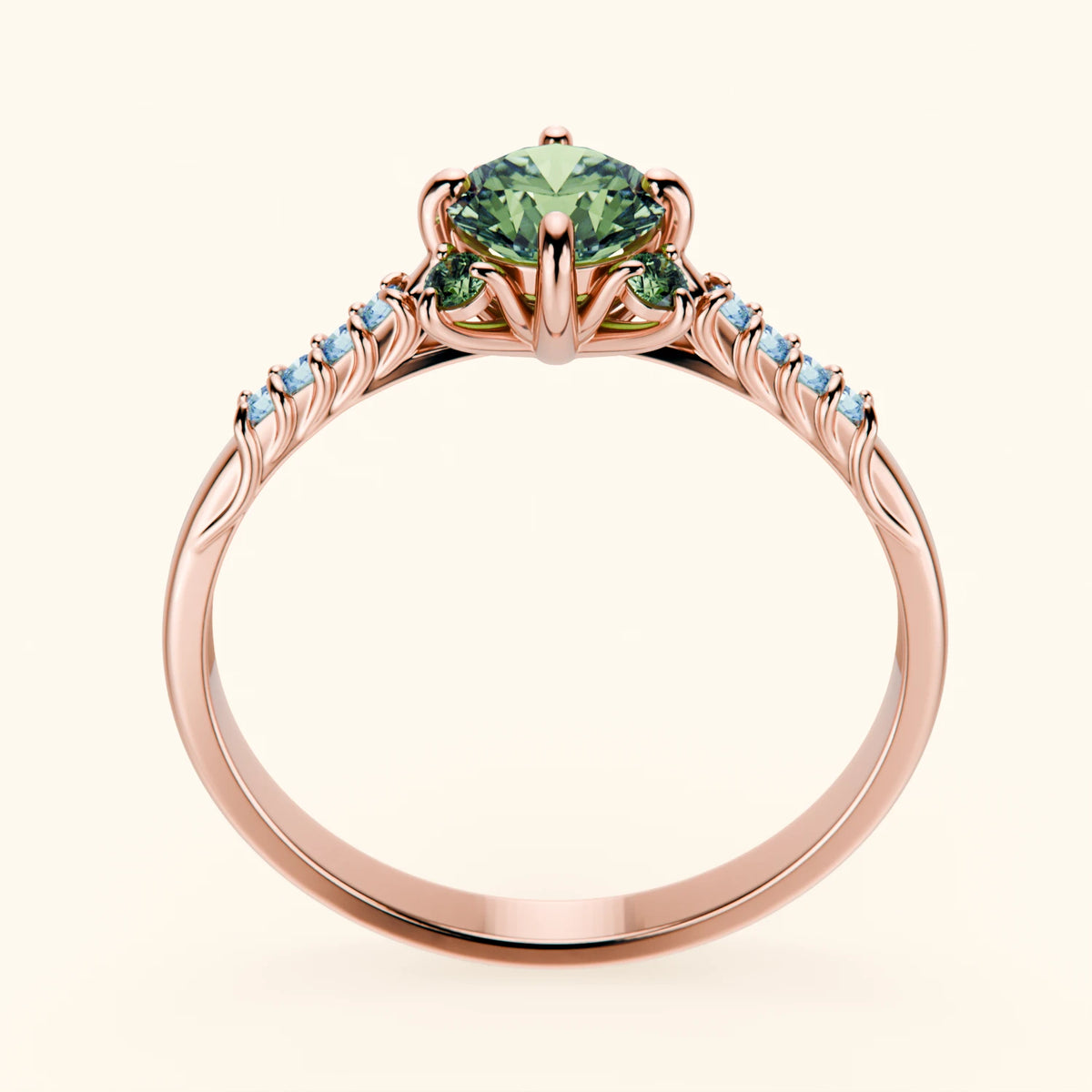 Engagement Ring Scintille - 0.5ct Lab Green Diamond with Lab Blue Diamond Side Stones
