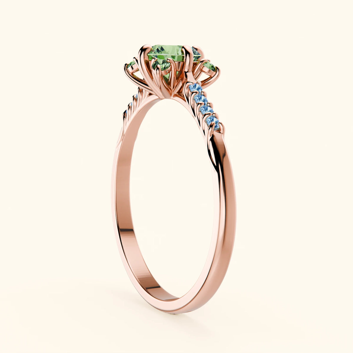 Engagement Ring Scintille - 0.5ct Lab Green Diamond with Lab Blue Diamond Side Stones