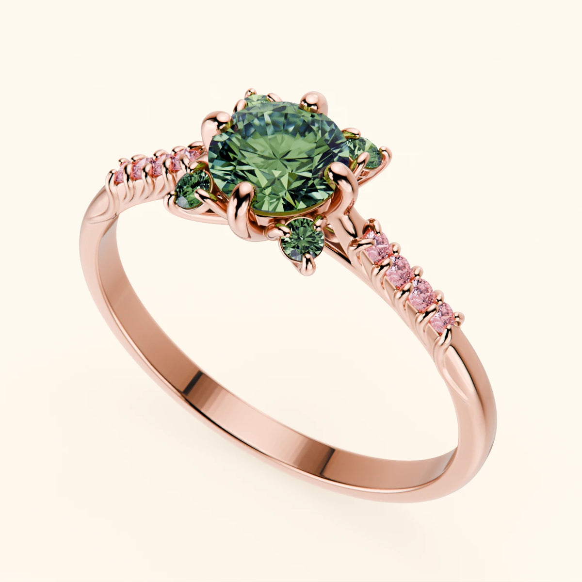 Engagement Ring Scintille - 0.5ct Lab Green Diamond with Lab Pink Diamond Side Stones
