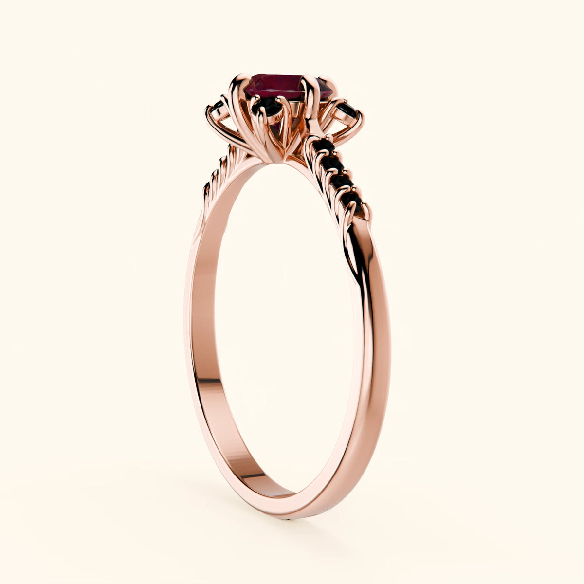 Pierścionek zaręczynowy Scintille – Rubin naturalny 0,60 ct, kamienie boczne: czarny diament