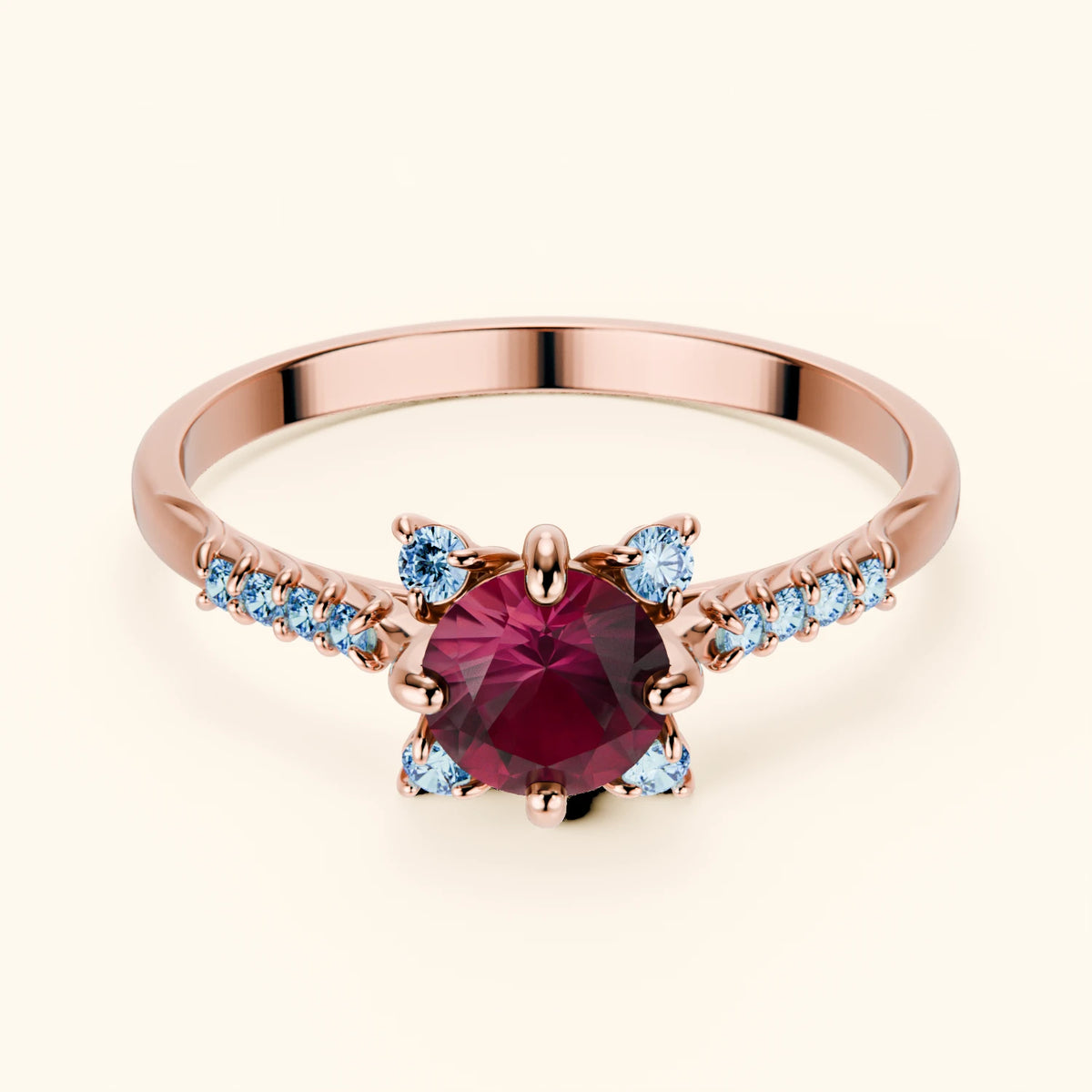 Engagement Ring Scintille - 0.60ct Lab Ruby with Lab Blue Diamond Side Stones