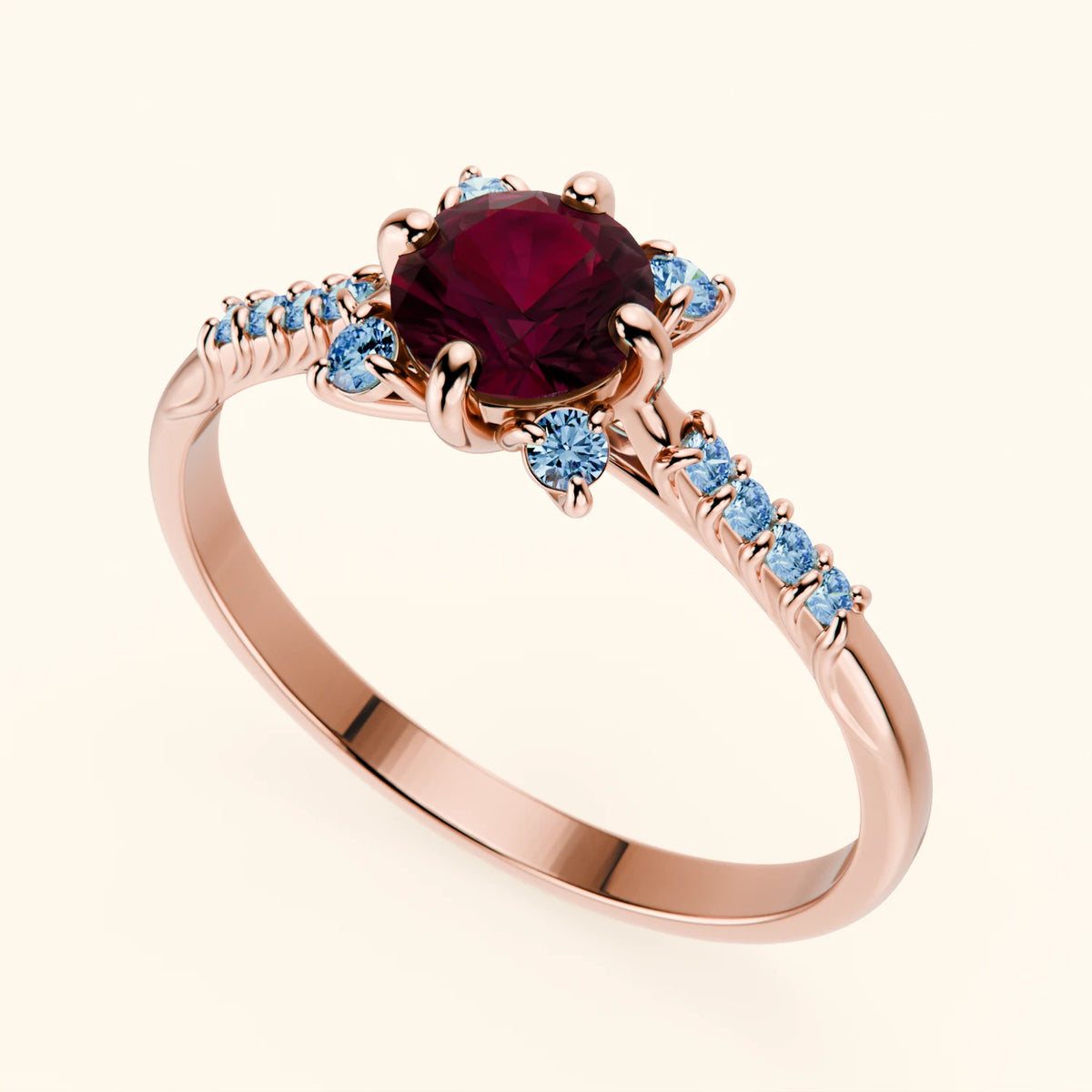 Engagement Ring Scintille - 0.60ct Lab Ruby with Lab Blue Diamond Side Stones