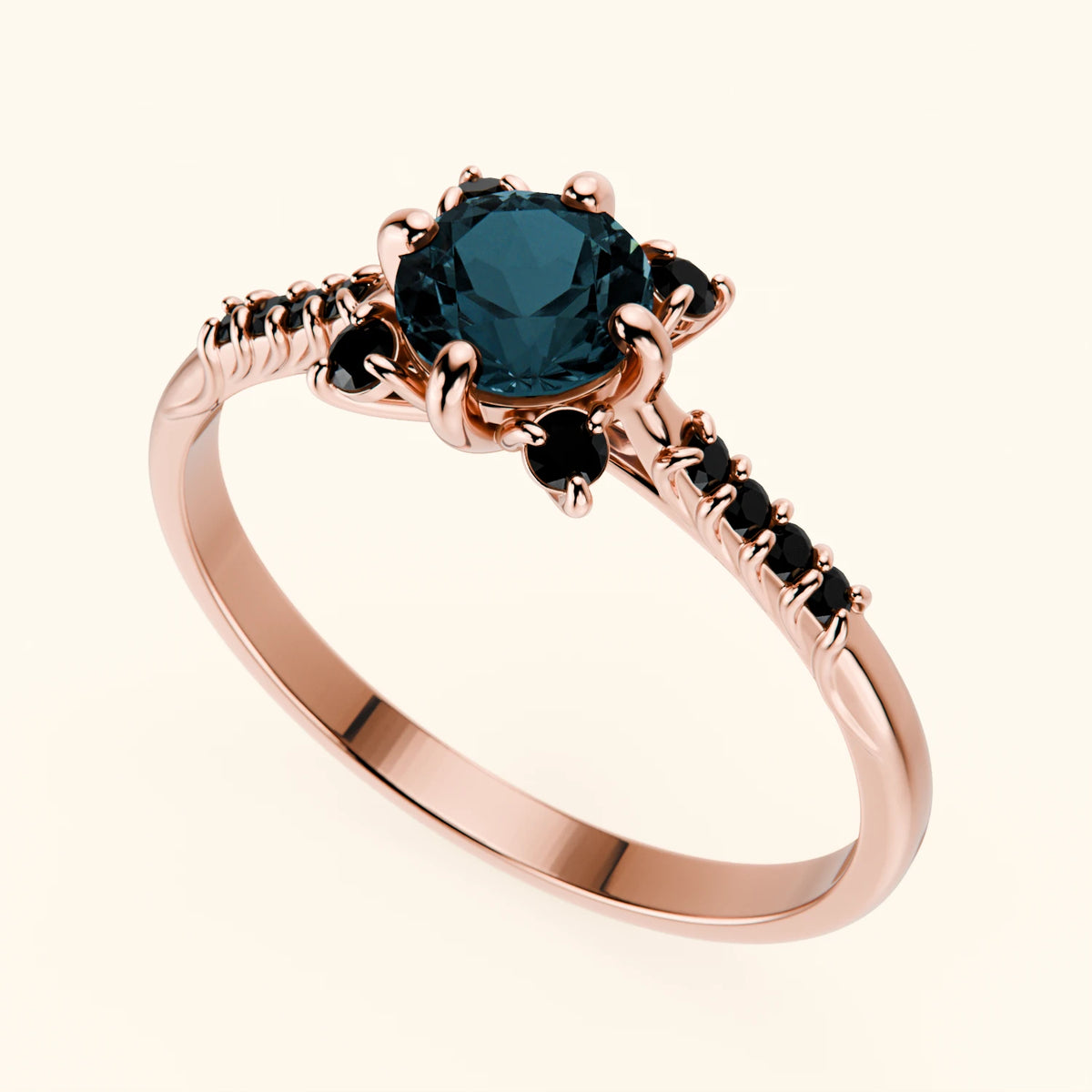 Pierścionek zaręczynowy Scintille – Topaz London Blue 0,50 ct, kamienie boczne: czarny diament