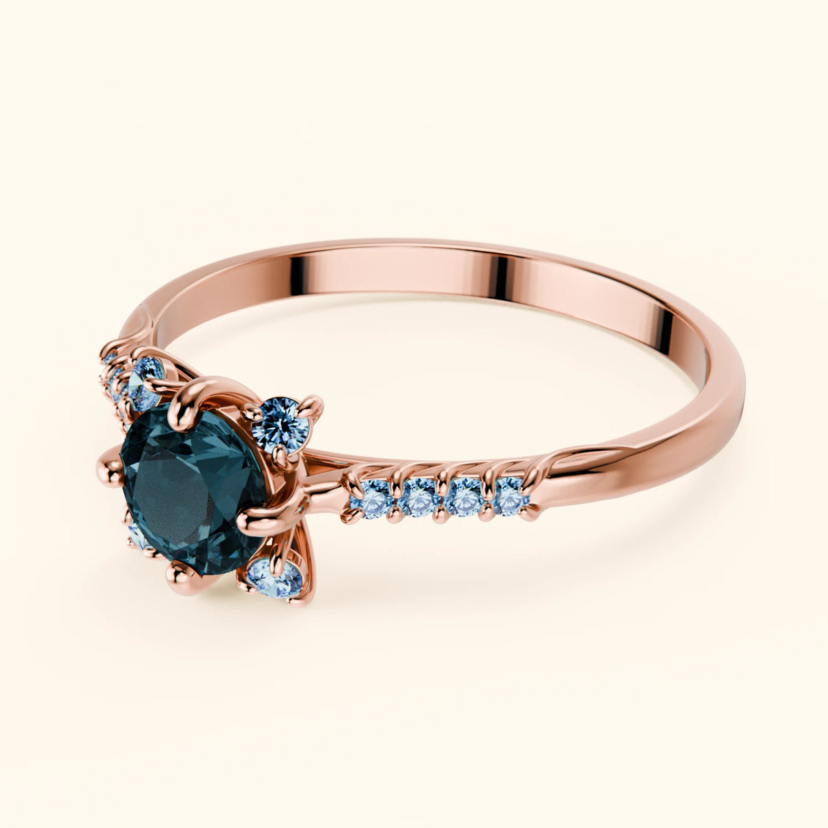 Pierścionek zaręczynowy Scintille – Topaz London Blue 0,50 ct, kamienie boczne: niebieski diament laboratoryjny