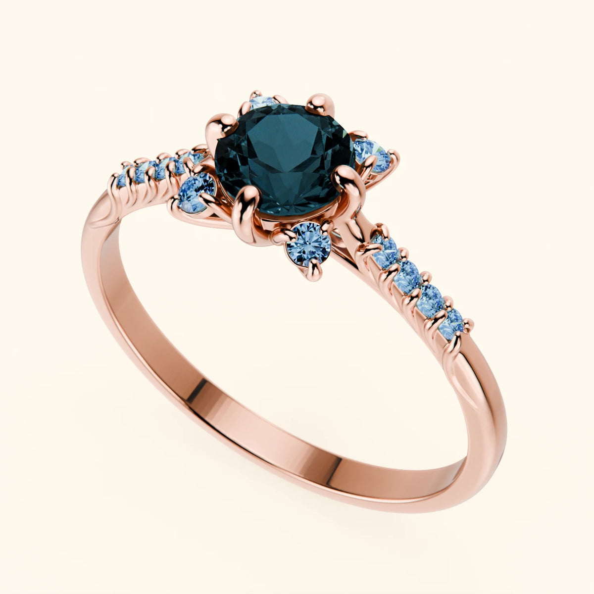 Pierścionek zaręczynowy Scintille – Topaz London Blue 0,50 ct, kamienie boczne: niebieski diament laboratoryjny
